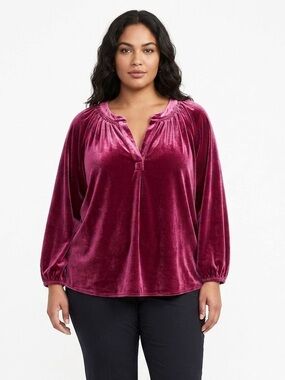Crown & Ivy Velour Peasant Blouse Pink Magenta Long Sleeve Top Plus Size 1X